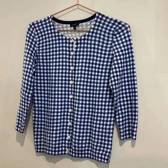 TALBOTS Gingham Cardigan Tank Blue Sweater - Picture 8 of 12